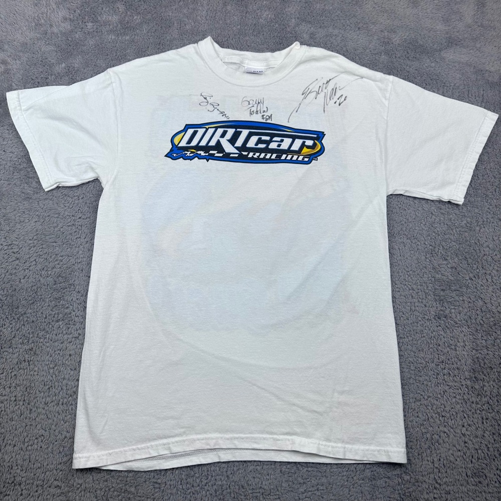 Gildan DIRTcar Racing T-Shirt Mens Medium White Autographed Graphic Tee Humor